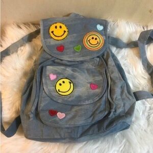 Emoji Denim Jean Backpack Book Bag Happy Face Blue Kidcore Hippie 16X13" Travel